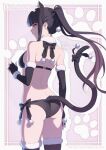  1girl aoi_suzu ass back bare_shoulders bikini black_bikini black_gloves black_hair black_thighhighs blunt_bangs elbow_gloves fingerless_gloves gloves highres long_hair open_mouth original ponytail red_eyes solo swimsuit thighhighs 