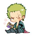  1boy 89gino05 angry blush chibi earrings green_hair jewelry male_focus one_eye_closed one_piece open_clothes roronoa_zoro scar scar_across_eye scar_on_chest scar_on_face short_hair 