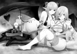  1boy 2girls ass bandages bangs bare_shoulders barefoot bat_wings blunt_bangs bound breasts candle cleavage closed_mouth coffin collarbone commentary_request cross demon_girl demon_horns demon_tail demon_wings feet go-toubun_no_hanayome greyscale heart high_heels highres horns kosmos_beta large_breasts long_hair looking_at_viewer monochrome multiple_girls nakano_miku nakano_nino naked_bandage open_mouth pointy_ears siblings sitting smile tail thighhighs thighs uesugi_fuutarou wings 