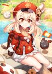  1girl absurdres backpack bag blonde_hair blurry blurry_background brown_eyes brown_gloves closed_mouth double-parted_bangs english_commentary eyelashes genshin_impact gloves hair_between_eyes highres klee_(genshin_impact) long_hair looking_at_viewer nez-box outdoors pointy_ears signature sitting water 