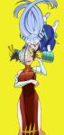  2girls absurdres blue_eyes blue_hair bodysuit boku_no_hero_academia dress elbow_gloves gloves hadou_nejire hair_horns head_wings highres holding_hands incredibly_absurdres koyap long_hair looking_at_another multiple_girls open_mouth red_dress ryuukyuu simple_background sleeveless_turtleneck_dress smile v wings yellow_background 