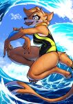 2024 anthro breasts brown_body brown_fur buizel clothing dialogue double_v_sign eyelashes female fur generation_4_pokemon gesture glistening hi_res kawfee looking_at_viewer nintendo one-piece_swimsuit open_mouth outside pokemon pokemon_(species) pose sea solo swimwear tan_body tan_fur teeth v_sign water wave wet