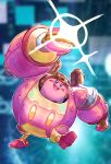  &gt;:) :d absurdres blue_eyes blurry blurry_background clenched_hand full_body goggles goggles_on_head highres kirby kirby:_planet_robobot kirby_(series) mecha ratf robobot_armor robot smile sparkle v-shaped_eyebrows 