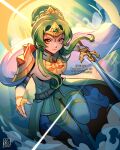  1girl alina_l armor artist_name belt boots closed_mouth commentary elincia_ridell_crimea english_commentary fire_emblem fire_emblem:_radiant_dawn gem glint green_gemstone green_hair highres holding holding_sword holding_weapon knee_boots long_hair looking_at_viewer orange_eyes second-party_source shoulder_armor signature solo sword tiara twitter_username weapon white_footwear 