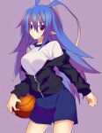  1girl antenna_hair ball basketball_(object) blue_hair breasts closed_mouth disgaea disgaea_d2 genderswap genderswap_(mtf) hair_between_eyes laharl-chan lololotton long_hair looking_at_viewer pointy_ears red_eyes shorts simple_background solo very_long_hair 
