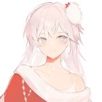  1girl bare_shoulders capelet closed_mouth collarbone grey_eyes hair_between_eyes highres long_hair looking_at_viewer lpip off_shoulder original pink_hair red_capelet simple_background smile solo upper_body white_background 