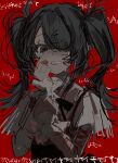  1girl ame-chan_(needy_girl_overdose) black_eyes black_hair black_ribbon blood blood_on_arm clenched_hands collared_shirt crying crying_with_eyes_open cuts frown hair_ornament hair_over_one_eye hands_up hashtag_only_commentary highres injury long_hair looking_at_viewer neck_ribbon needy_girl_overdose open_mouth red_background ribbon scar scar_on_arm self-harm self-harm_scar shirt shitose solo tears teeth translation_request twintails upper_body x_hair_ornament 