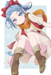  1girl blue_eyes blue_hair blush boots bow bracelet breasts closed_mouth dragon_quest dragon_quest_xi dress earrings full_body hair_bow hoop_earrings jewelry long_hair longdenkikettle looking_at_viewer maya_(dq11) parted_bangs ponytail red_vest sash scarf short_eyebrows short_sleeves smile solo vest 