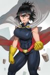  1girl abs absurdres bare_shoulders black_hair bodysuit boku_no_hero_academia cape clenched_hand highres koyap looking_at_viewer muscular muscular_female open_mouth shimura_nana short_hair simple_background skin_tight solo 