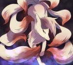  animal_focus aura bangs black_background blonde_hair blush closed_mouth commentary from_above fur_collar half-closed_eyes highres looking_at_viewer ninetales no_humans pio_(piopio_poke) pokemon pokemon_(creature) red_eyes short_hair simple_background solo standing 