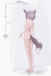  1girl ahoge animal_ears arknights ass back barefoot breasts completely_nude fox_ears fox_girl fox_tail from_behind full_body grey_hair heel_up highres legs nipples nude shower_(place) showering small_breasts solo standing sussurro_(arknights) tail timitarcat 