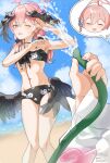  2girls absurdres armpits beach bikini black_bikini black_wings blue_archive blush closed_eyes dated day feathered_wings fingernails gnas_(gnas_0912) groin halo hanako_(blue_archive) hanako_(swimsuit)_(blue_archive) head_wings highres hose koharu_(blue_archive) koharu_(swimsuit)_(blue_archive) long_hair low_twintails multiple_girls navel ocean official_alternate_costume one_eye_closed open_mouth outdoors pink_eyes pink_hair pink_halo signature smile swimsuit twintails water wings 