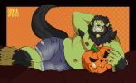 6pklion beard belly big_breasts black_body black_fur black_tail body_hair breasts canid canine clothed clothing facial_hair food fruit fur green_body green_skin hair halloween hi_res holidays humanoid igroc_(secretkaal) jack-o&#039;-lantern male mammal markings musclegut muscular muscular_male nipples orc plant pumpkin slightly_chubby smile solo tail tusks were werecanid werecanine werewolf