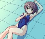  1girl arm_up armpits blue_one-piece_swimsuit closed_mouth collarbone commentary_request covered_navel covered_nipples expressionless gussuripii highres looking_at_viewer lying nagato_yuki on_back one-piece_swimsuit purple_hair short_hair solo suzumiya_haruhi_no_yuuutsu swimsuit tile_floor tiles yellow_eyes 