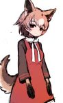  1girl animal_ears black_skirt bow bowtie brown_hair dog_ears dog_girl dog_tail dress extra_ears ise_(0425) kemono_friends looking_at_viewer new_guinea_highland_wild_dog_(kemono_friends) red_dress red_eyes shirt short_hair simple_background skirt solo tail white_bow white_bowtie 
