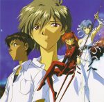  1990s_(style) 2boys 2girls ayanami_rei bandages bodysuit curvy highres ikari_shinji invisible_chair lance_of_longinus_(evangelion) multiple_boys multiple_girls nagisa_kaworu neon_genesis_evangelion official_art plugsuit polearm red_bodysuit retro_artstyle sitting souryuu_asuka_langley weapon white_bodysuit wide_hips 