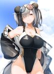  1girl arknights ass_visible_through_thighs black-framed_eyewear black_coat black_one-piece_swimsuit blue_sky breasts closed_mouth cloud coat collarbone commentary_request competition_swimsuit contrapposto covered_navel cowboy_shot eyewear_on_head feater_(arknights) hand_on_own_hip highres large_breasts looking_at_viewer meth_(emethmeth) multicolored_coat off_shoulder one-piece_swimsuit open_clothes open_coat panda revision round_eyewear round_teeth sky smile solo standing sunglasses swimsuit teeth twintails two-tone_coat upper_teeth_only wet wet_clothes 