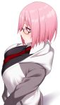  1girl absurdres arind_yudha blush breasts fate/grand_order fate_(series) from_side glasses highres huge_breasts looking_ahead mash_kyrielight medium_hair pink_hair simple_background solo white_background 
