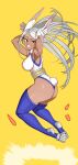  1girl absurdres animal_ears ass bare_arms blue_thighhighs boku_no_hero_academia carrot clenched_teeth dark-skinned_female dark_skin full_body gloves highres incredibly_absurdres koyap long_eyelashes long_hair looking_at_viewer looking_back mirko rabbit_ears rabbit_tail red_eyes simple_background sleeveless_turtleneck_leotard solo swept_bangs tail teeth thighhighs white_gloves white_hair yellow_background 