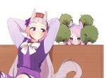 2girls animal_ears arms_behind_head bench bow bowtie branch breasts brown_headwear disguise ear_bow ggubii0225 gold_ship_(umamusume) grey_hair hat holding holding_branch horse_ears horse_girl horse_tail long_hair long_sleeves looking_at_another mejiro_mcqueen_(umamusume) multiple_girls purple_eyes purple_shirt purple_skirt red_eyes sailor_collar school_uniform shirt simple_background sitting skirt small_breasts sweatdrop tail tracen_school_uniform twin-bush_disguise twitter_username umamusume watermark white_background 