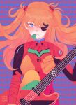  1girl artist_name bad_id bad_twitter_id blue_eyes bodysuit commentary electric_guitar english_commentary eyepatch fender_telecaster floating_hair guitar highres holding holding_guitar holding_instrument instrument interface_headset long_hair looking_at_viewer neon_genesis_evangelion pilot_suit plectrum_in_mouth plugsuit rebuild_of_evangelion red_bodysuit red_hair solo souryuu_asuka_langley star-shaped_pupils star_(symbol) symbol-shaped_pupils upper_body vitamincera 