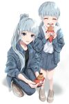  2girls black_shirt blue_eyes blue_hair blunt_bangs chocolate chocolate_on_face closed_eyes denim denim_jacket denim_skirt food food_on_face full_body hayase_illusut highres holding holding_food jacket jeans kawasaki_keika kawasaki_saki long_hair long_sleeves looking_at_viewer multiple_girls open_mouth pants shirt shoes skirt sneakers squatting standing twintails white_footwear white_shirt yahari_ore_no_seishun_lovecome_wa_machigatteiru. 