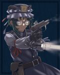  1girl absurdres asymmetrical_hair belt bespectacled black_gloves blue_eyes collared_vest dim_lighting flashlight frilled_hat frills glasses gloves green_hair gun handgun hat highres holding holding_gun holding_weapon holster shiki_eiki sleeve_bow soretsu_nitohei touhou vest weapon 