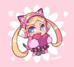  1girl :3 animal_ear_headphones animal_ears black_pantyhose blonde_hair blue_eyes chibi eyelashes fake_animal_ears full_body happy headphones heart holding holding_heart jacket jumping kotorai long_hair looking_at_viewer lucky_chloe no_nose open_mouth pantyhose pink_footwear pink_jacket solo tail tekken twintails 