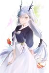  1girl 2024 branch breasts chinese_zodiac dragon_horns flower grey_eyes grey_hair hair_between_eyes horns long_hair looking_at_viewer lpip medium_breasts original parted_lips pointy_ears puffy_short_sleeves puffy_sleeves red_flower short_sleeves skirt solo very_long_hair white_skirt year_of_the_dragon 