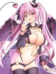  1girl :d anneliese areola_slip arm_at_side bare_shoulders belt_bra black_thighhighs blush breasts cleavage commentary_request cowboy_shot curled_horns demon_girl demon_horns demon_tail demon_wings eyes_visible_through_hair hair_between_eyes hair_ribbon hand_on_own_chest hand_up head_tilt heart heart_o-ring highres horns huge_breasts kimagure_temptation long_hair looking_at_viewer navel o-ring o-ring_thigh_strap open_mouth pink_eyes pink_hair ribbon simple_background smile solo tail takagi-18102817 thigh_strap thighhighs tsurime twintails very_long_hair white_background wings 