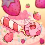  blush_stickers cake colored_skin drooling food food_on_face fork fruit highres kirby kirby&#039;s_dream_buffet kirby_(series) looking_up no_humans open_mouth pink_skin signature solid_oval_eyes sparkle star_(symbol) starroad strawberry yellow_background 