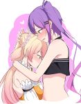  2girls absurdres bare_shoulders black_tank_top blonde_hair blush detached_sleeves from_side green_eyes hand_on_another&#039;s_head heart highres hololive hug long_hair looking_at_another momosuzu_nene momosuzu_nene_(1st_costume) multiple_girls okome_0628 open_mouth orange_shirt purple_hair shirt sidelocks tank_top tokoyami_towa tokoyami_towa_(1st_costume) twintails upper_body virtual_youtuber white_background yuri 