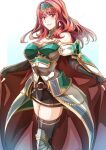  1girl absurdres armor breastplate cape celica_(fire_emblem) dress earrings fingerless_gloves fire_emblem fire_emblem_echoes:_shadows_of_valentia fire_emblem_heroes gloves highres holding holding_cape holding_clothes jewelry long_hair looking_at_viewer red_eyes red_hair smile solo tiara to_(tototo_tk) 