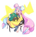  1girl aqua_hair bangs bellibolt black_pantyhose blush bow-shaped_hair character_hair_ornament cropped_legs hair_ornament highres holding holding_pokemon iono_(pokemon) jacket jongigeguli_rto long_hair long_sleeves looking_at_viewer multicolored_hair open_mouth oversized_clothes pantyhose pink_eyes pink_hair pokemon pokemon_(creature) pokemon_(game) pokemon_sv sharp_teeth simple_background single_leg_pantyhose sleeves_past_fingers sleeves_past_wrists teeth thigh_strap upper_teeth very_long_hair yellow_jacket 