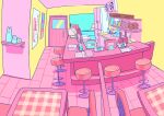  air_conditioner bar_stool bottle cash_register chair colorful cooking_pot counter door fisheye from_above highres indoors jacktaro kitchen menu no_humans original pink_theme plate restaurant scenery sink stool table 