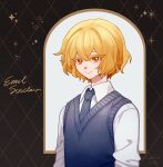  1boy absurdres bishounen blonde_hair blue_necktie blue_sweater_vest closed_mouth collared_shirt gredell_elle highres limbus_company looking_at_viewer necktie project_moon shirt sinclair_(project_moon) smile solo sweater_vest white_shirt window yellow_eyes 