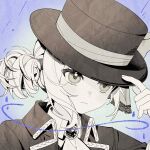  1girl adjusting_clothes adjusting_headwear artist_name ascot blue_background boater_hat bow closed_mouth coat collared_shirt freckles gradient_background greyscale_with_colored_background hair_bun hand_on_headwear hand_up hat hat_bow highres looking_to_the_side portrait qiancaofu reverse:1999 shirt short_hair signature single_side_bun solo vertin_(reverse:1999) water_drop 