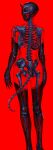  1girl absurdres full_body highres horns humanoid_robot mechanical_parts original red_background red_theme ribs robot science_fiction simple_background skeleton solo spine standing tail teru_by_m 