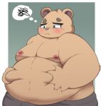 2024 anthro bear belly big_belly blush bottomwear brown_body clothing hi_res inigo_(kusosensei) kemono kusosensei male mammal moobs nipples overweight overweight_male pants simple_background solo