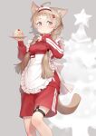  1girl animal_ears apron blush braid breasts brown_eyes brown_hair cake cake_slice cat_ears cat_girl cat_tail christmas_tree closed_mouth commentary_request feet_out_of_frame food fork frilled_apron frills fruit grey_background gym_shorts hair_ornament hair_over_shoulder hairclip highres holding holding_fork holding_plate jacket long_hair low_twintails maid_headdress medium_breasts mitake_eil original plate red_jacket red_shorts shorts simple_background solo standing star_(symbol) strawberry tail track_jacket twin_braids twintails very_long_hair white_apron 