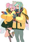  1boy 1girl :d blush bow-shaped_hair character_hair_ornament commentary_request eyelashes green_eyes green_hair grusha_(pokemon) hair_ornament highres iono_(pokemon) jacket leg_up long_sleeves looking_down mittens multicolored_hair open_mouth osg_pk pants pink_hair pokemon pokemon_sv rotom rotom_phone scarf sleeves_past_fingers sleeves_past_wrists smile striped striped_scarf teeth thigh_strap two-tone_hair yellow_jacket 
