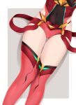  1girl absurdres ass_visible_through_thighs border breasts covered_navel feet_out_of_frame grey_background highres hip_vent impossible_clothes large_breasts legs lower_body micro_shorts out_of_frame pyra_(xenoblade) red_shorts red_thighhighs shadow shiny shiny_clothes shiny_skin shorts side_cutout skin_tight skindentation solo suzushika_(13_96) thighhighs thighs white_border xenoblade_chronicles_(series) xenoblade_chronicles_2 