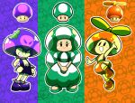  1-up_mushroom :d arm_up black_eyes boots bracelet brown_footwear clenched_hand collar dress eemapso english_commentary green_dress green_footwear green_hair grin highres jewelry long_hair mario_(series) mushroom own_hands_together personification poison_mushroom propeller_hat purple_footwear smile spiked_bracelet spiked_collar spikes 