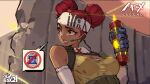 1girl absurdres animification apex_legends breasts brown_eyes brown_tank_top cable copyright_name dark-skinned_female dark_skin detached_sleeves double_bun english_commentary explosive grenade hair_bun headband highres holding holding_grenade lifeline_(apex_legends) mar10 mask mask_around_neck medium_breasts parted_lips red_hair scared sitting solo speech_bubble tank_top thermite_grenade white_headband 
