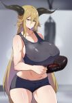  1girl absurdres adjusting_clothes adjusting_gloves animal_ears arknights asymmetrical_sidelocks bare_shoulders black_shorts black_sports_bra blonde_hair blurry blurry_background blush boxing_gloves breasts collarbone contrapposto degenbrecher_(arknights) gloves goat_ears goat_girl goat_horns hair_between_eyes highres horns huge_breasts long_hair looking_at_viewer punching_bag short_shorts shorts simple_background single_bare_arm single_glove solo sports_bra steaming_body sweat sweaty_clothes thighs very_long_hair xllam yellow_eyes 