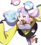 1girl aqua_hair blush bow-shaped_hair breasts commentary_request grey_footwear grey_shirt hyoe_(hachiechi) iono_(pokemon) jacket long_hair multicolored_hair open_mouth pink_hair pokemon pokemon_sv purple_eyes shirt shoes single_leg_pantyhose sleeveless sleeveless_shirt sleeves_past_fingers sleeves_past_wrists solo thigh_strap twintails two-tone_hair yellow_jacket 