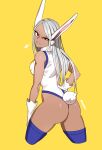  1girl absurdres animal_ears ass bare_arms bare_shoulders blue_thighhighs boku_no_hero_academia dark-skinned_female dark_skin gloves highres koyap long_hair looking_at_viewer looking_back mirko rabbit_ears rabbit_tail red_eyes sigh simple_background sleeveless_turtleneck_leotard solo swept_bangs tail thighhighs white_gloves yellow_background 