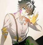  1boy alternate_costume black_hair black_pants blue_eyes charlemagne_(fate) collared_shirt fate/grand_order fate_(series) grin idass_(idass16) looking_at_viewer male_focus multicolored_hair one_eye_closed open_hand paint_on_clothes paint_splatter paint_splatter_on_face pants shirt short_hair short_sleeves simple_background sitting smile solo suspenders two-tone_hair upper_body white_background white_hair white_shirt 