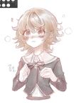  1boy blush brown_eyes brown_hair chottong-gyogeub_jjimging cropped_torso danganronpa:_trigger_happy_havoc danganronpa_(series) dress_shirt flying_sweatdrops fujisaki_chihiro green_jacket hair_between_eyes hands_up jacket long_sleeves male_focus otoko_no_ko shirt short_hair simple_background smile solo translation_request white_background white_shirt 