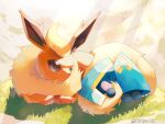  alternate_color animal_focus artist_name black_eyes closed_eyes closed_mouth commentary_request flareon highres no_humans on_grass orange_fur pokemon pokemon_(creature) rongai28 shiny_pokemon sitting smile snorunt sunlight tail teeth twitter_username 